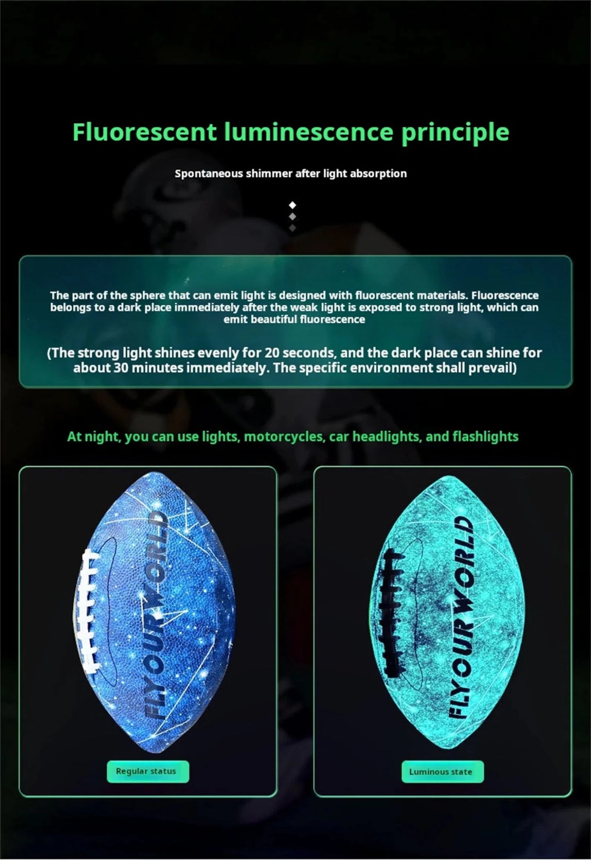 Glow-in-the-Dark American Football - Size 9 & 6 Luminescent Rugby, PU Material, Official Competition & Training Balls For Night - My Store